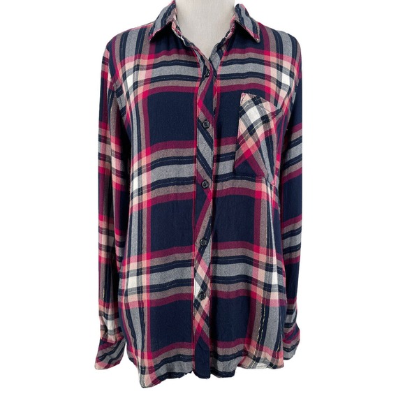 Rails Women's Fuschia Pink Navy Metallic Plaid Hunter Button Up Shirt Size Small - Picture 2 of 7